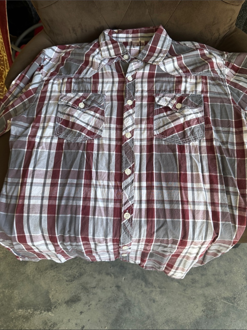 Men's Plaid Button-Up Shirt in Maroon and Gray